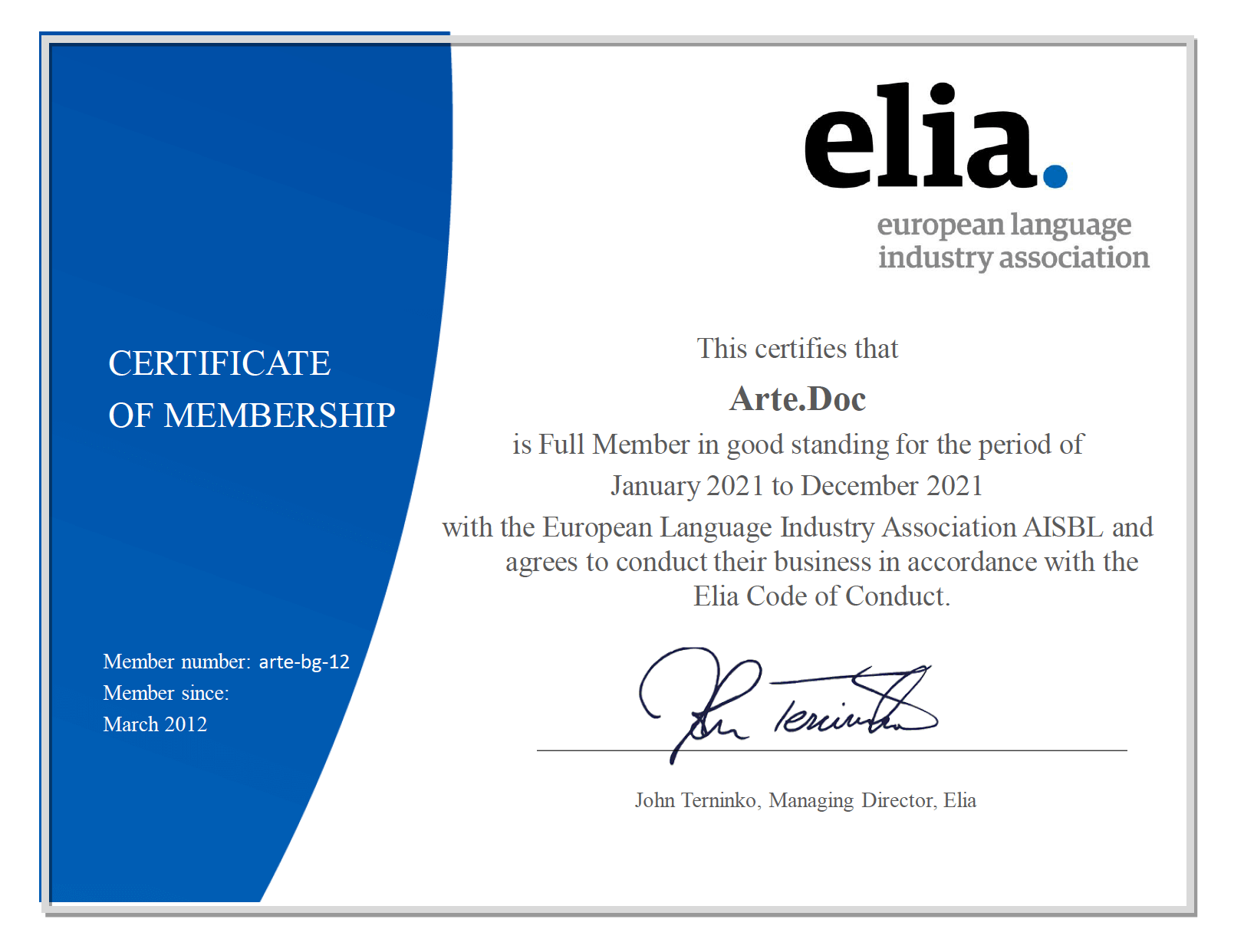Сертификат членство в ЕЛИА на агенция за преводи Арте.Док 